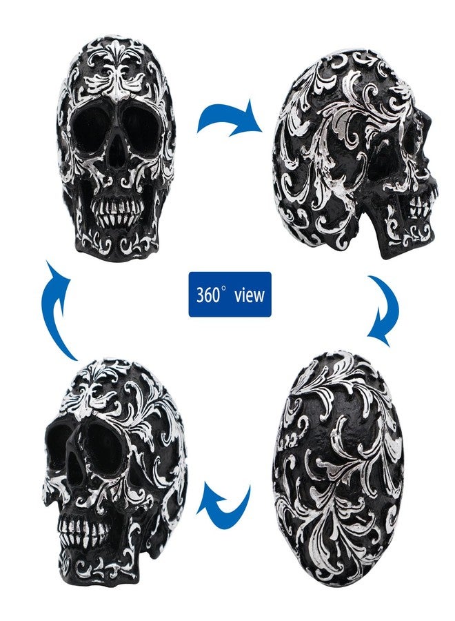 CHDL Halloween Small Skull Decor, Realistic Skeleton Skull Head Statue, Gothic Resin Skull Figurine with Silver Designs, 3.62 Inch Fake Skull for Decorations, Party, Home, Desk Skull Head Decor - Image 2